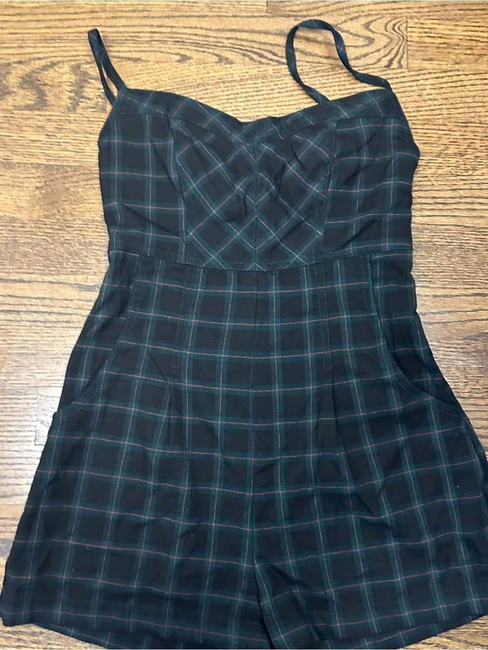 Urban Outfitters Black and Green Plaid Spaghetti-Strap Romper S